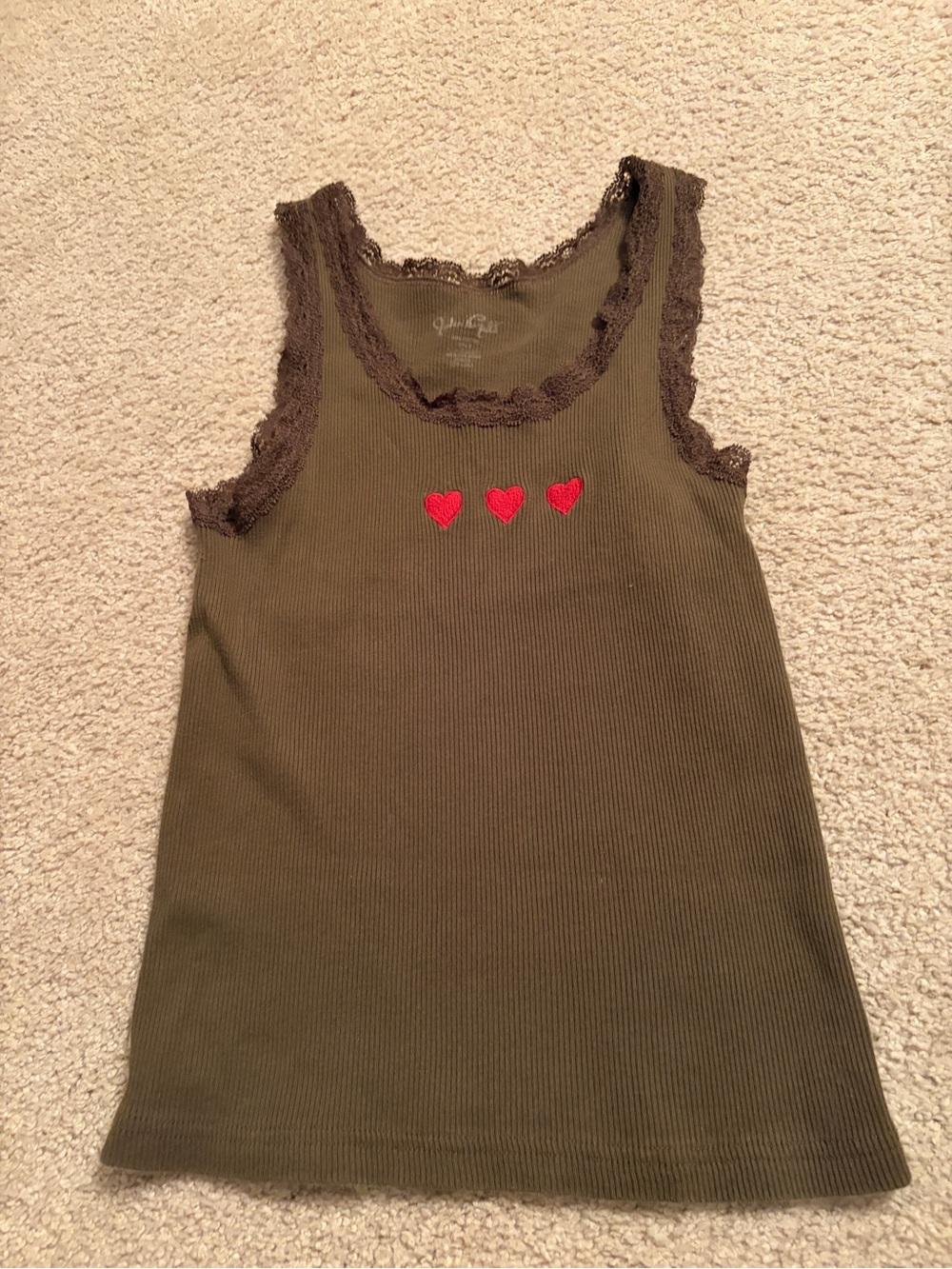 Brandy Melville Olive Green Ribbed Tank with Red Heart Appliqués